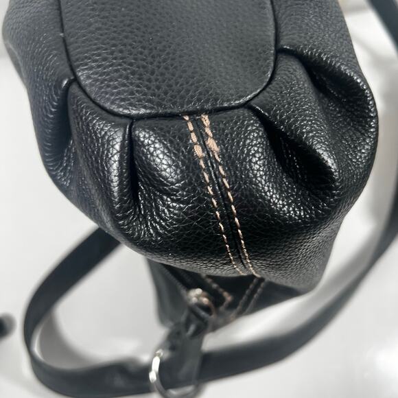 Black Pebbled Genuine Leather Crossbody Bag Many Zippered Pockets Floral Lining - Picture 5 of 16